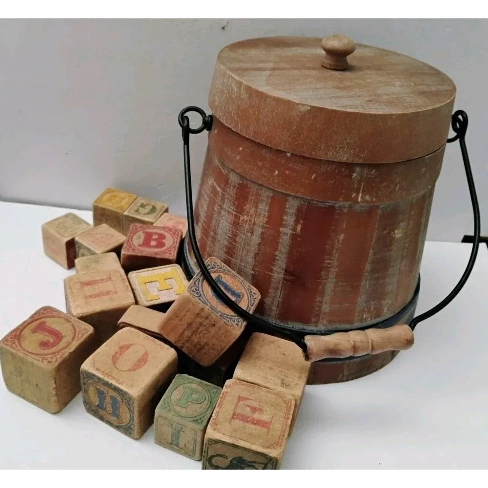 Antique 1900s Wooden Animal Alphabet Blocks Lot 17 w/ Vintage Firkin Bucket Pail